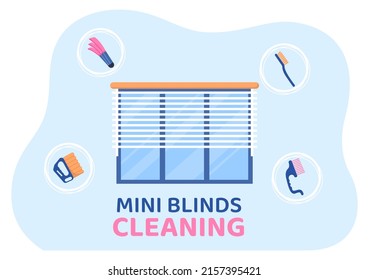 Mini Blinds Service Window and Curtains Treatment using Various Cleaning Tools or Home Interiors in Flat Cartoon Illustration