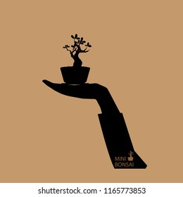 mini bonsai tree in hand , black silhouette icons on background.