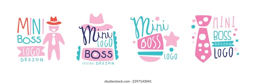 Mini Boss Logo Design with Colorful Hand Drawn Element Vector Set