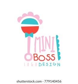 Mini boss logo original design with abstract beanbag. Baby manager theme with lettering. Flat hand drawn vector illustration isolated on white.