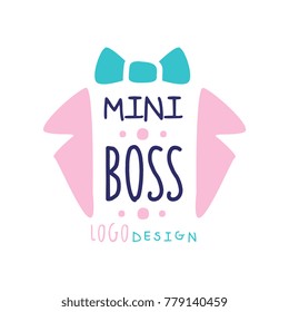 Mini boss logo original design. Abstract suit collar and bow tie with lettering. Gentle pink and blue colors. Hand drawn vector isolated on white.
