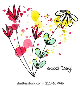 Mini bouquet of cute flowers in doodle style.Bright pink flowers, chamomile. Watercolor splashes. Postcard, decor, invitation.A  congratulation beautiful bouquet. Manual draw. White background. 