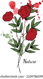 Mini bouquet in doodle style. Bright red  rose flowers. Watercolor splashes. Postcard, decor, invitation. Valentine's Day. Manual drawing. White background. Vector illustration.