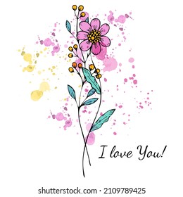 Mini bouquet in doodle style. Bright pink and yellow flowers. Watercolor splashes. Postcard, decor, invitation. Valentine's Day. Manual drawing. White background. Vector illustration.