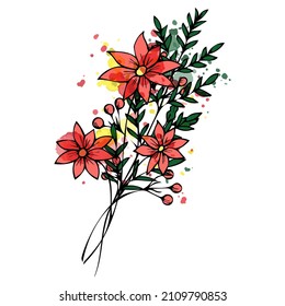 Mini bouquet in doodle style. Bright red and yellow flowers. Watercolor splashes. Postcard, decor, invitation. Valentine's Day. Manual drawing. White background. Vector illustration.