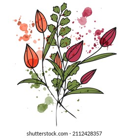 Mini bouquet of flowers in doodle style. Bright red and orange tulips. Watercolor splashes. Postcard, decor, invitation.A festive congratulation beautiful bouquet. Manual drawing. White background. 