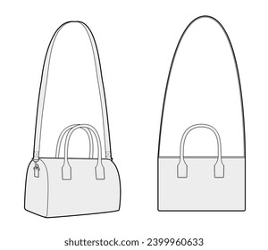 Mini boliche de la tota cruzada con la bolsa de opciones de la correa extraíble. Ilustración técnica de accesorios de moda. Vista frontal del vector 3-4 para los hombres, estilo de las mujeres, perfil de la mochila CAD del bolso plano