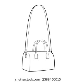 Mini Bowling Cross-Body Tote silhouette bag. Fashion accessory technical illustration. Vector satchel front 3-4 view for Men, women, unisex style, flat handbag CAD mockup sketch outline isolated