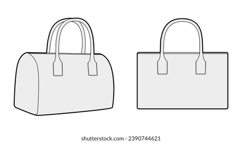 Mini Bowling Tote Silhouette Tasche. Technische Illustration zum Mode-Accessoire. Vektorgrafik-Vorderseite 3-4 für Männer, Frauen, unisex-Stil, flache Handtasche-CAD-Mockup-Skizze einzeln