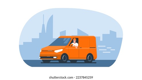 Mini camioneta con conductor recorre el fondo de un paisaje urbano abstracto. Ilustración vectorial.