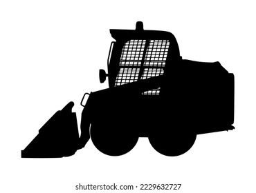 Mini bulldozer, skid loader vector silhouette illustration isolated on white. Digger. Excavator dozer for land. Under construction. Industrial building machine bager. Motor grader. Hard work industry.