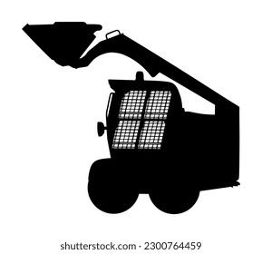 Mini bulldozer, skid loader vector silhouette illustration isolated on white. Digger. Excavator dozer for land. Under construction. Industrial building machine bager. Motor grader. Hard work industry.