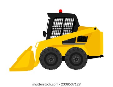 Mini bulldozer skid loader vector illustration isolated on white background. Digger. Excavator dozer for land. Under construction. Industrial building machine bager. Motor grader. Hard work industry.