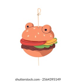 Mini burger, funny finger food. Cute frog-shaped snack on toothpick for a festive party or banquet. Creative appetizer, tiny hamburger on skewer. Flat vector illustration isolated on white background