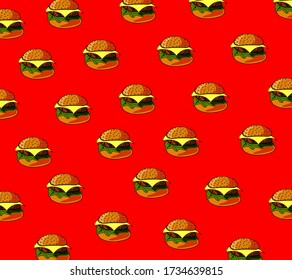 Patrón de minihamburguesas en el fondo rojo. Ilustración del vector