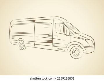 Mini bus for delivery company. Freehand outline ink drawn picture icon sketchy in scribble retro style pen on paper.