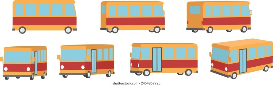 Mini bus aislado sobre un fondo blanco y vista desde diferentes ángulos. Transporte compacto e ideal para viajes de corta distancia o excursiones en grupo.