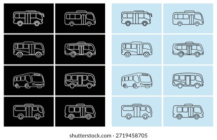 Logotipo de mini bus, conjunto de iconos - Colección de arte de línea de camioneta de transporte público sobre fondos oscuros y claros