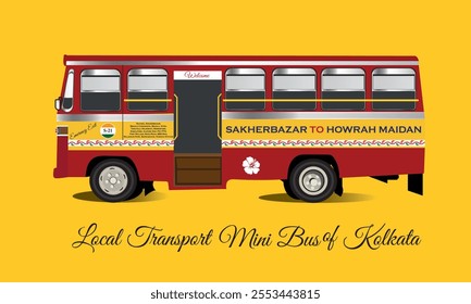 Mini Bus service for Daily life travel in Kolkata,The name of the place where the bus will stop is written on the bus and also the bus route number.Vector Illustration ,Eps10 with yellow background.