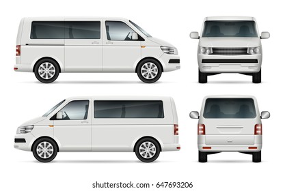 Mini bus vector template for car branding and advertising. Isolated city mini van on white. All layers and groups well organized for easy editing and recolor. View from left, right side, front, back