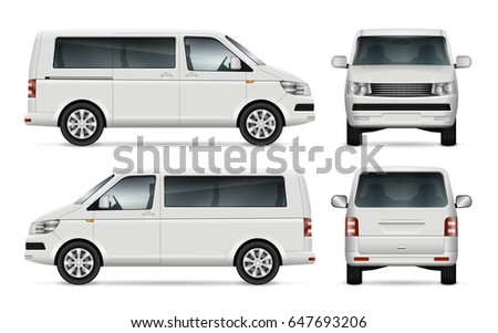 Mini bus vector template for car branding and advertising. Isolated city mini van on white. All layers and groups well organized for easy editing and recolor. View from left, right side, front, back