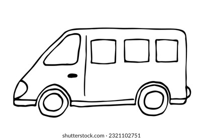 Mini bus, vehicle, car. Passenger transportation, cargo delivery. Simple vector drawing in doodle style. Sketch in ink.