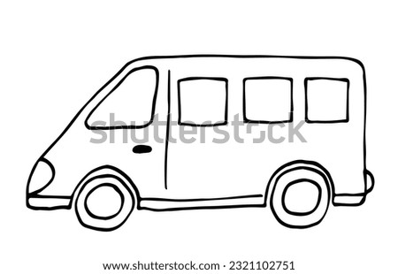 Mini bus, vehicle, car. Passenger transportation, cargo delivery. Simple vector drawing in doodle style. Sketch in ink.