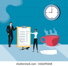 mini business couple with checklist in the workplace vector illustration design