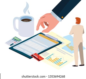 mini business people with clipboard and set office icons