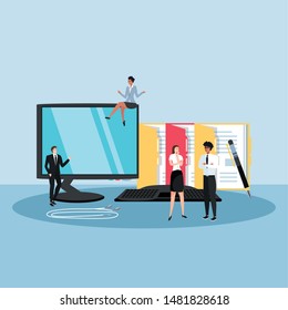 mini business people with desk computer in the workplace