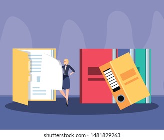 mini business woman with books in the workplace