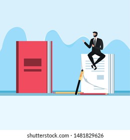 mini businessman sitting in document in the workplace