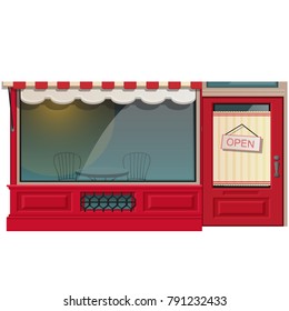 Mini cafe shop exterior isolated on white background. Street restraunt building illustration in flat style. Vector cartoon close-up.