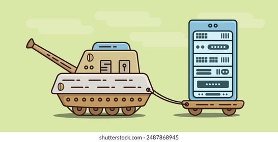 Mini cannon tank carrying a modern data server for safety with security, flat illustration