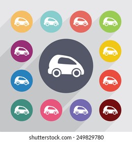 mini car circle, flat icons set. Round colorful buttons 