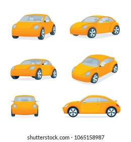 Mini car illustration. Small vehicle vector flat design set.
Compact auto in different views isolated on white background.