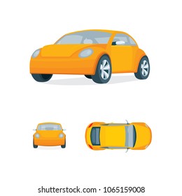 Mini car illustration. Small vehicle vector flat design set.
Compact auto in different views isolated on white background.