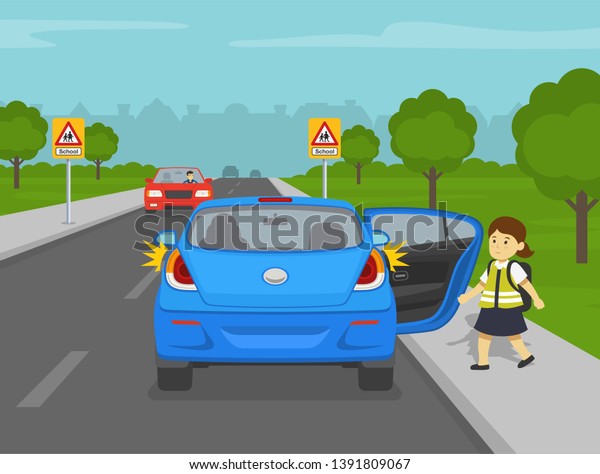 Mini\
car with open door at school sidewalk. School kid going to get in\
the parent car. Back view. Flat vector\
illustration.