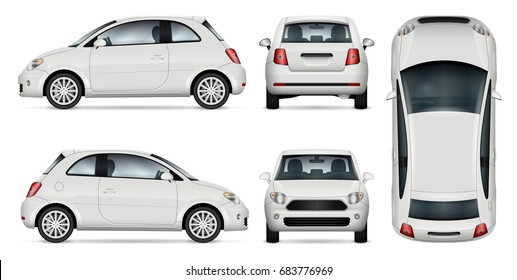 Mini car vector template for car branding and advertising. Isolated minicar set on white background. All layers and groups well organized for easy editing and recolor. View from side, front, back, top