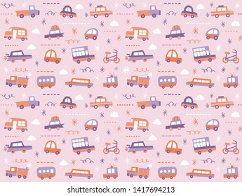 Mini Cars. Seamless Patterns. Pink and Orange