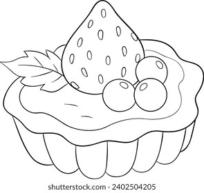 Mini Cheese Pie with Blueberry and Strawberry Black and White Vector Line Art Illustration