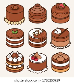 Mini chocolate cake collection in round shape: Traditional cocoa sweet dessert icon vector illustration flat design.