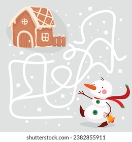 Mini christmas labyrinth game for children. Help Snowman find path to christmas cookie.