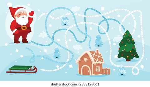 Mini christmas labyrinth game for children. Help Santa Claus find path to christmas tree.