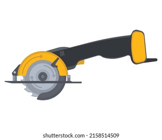 Mini sierra circular con disco de acero. Herramienta de trabajo en madera plana vectorial. Herramienta de mano eléctrica para cortar madera o metal. Equipo de construcción