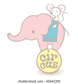 Mini circus. Vector illustration of a baby elephant and his little mouse friend. Great for newborn clothing print, just replace the text with your brand name!