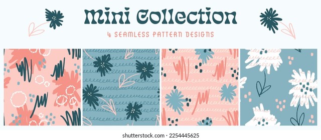 Mini Collection of four cheerful, playful, happy seamless pattern designs with scribble, painterly, abstract motives, funny flowers in naïve painting style, doodles, background, stationery, fashion.