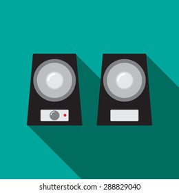 Mini Computer speakers with power button in flat icon style. isolated vector object