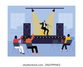 Mini concert in cafe with jazz singer, vector illustration.