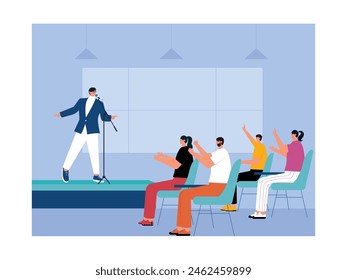 Mini concert held in city hall building by male solo singer, vector illustration.